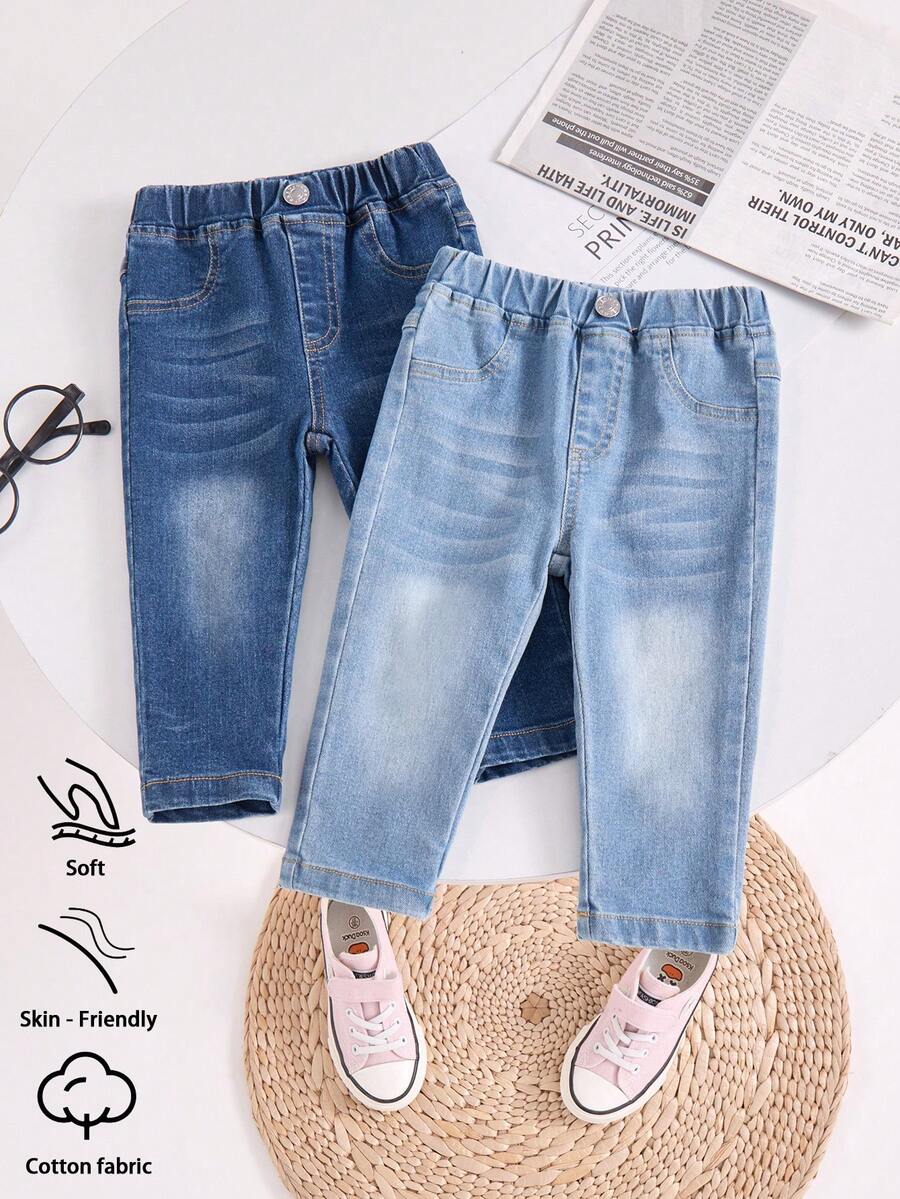 男婴牛仔裤两件套，休闲时尚街头风，可爱百搭，简约百搭，松紧腰带，仿口袋设计，猫须水洗，弹力柔软棉质牛仔面料，适合日常穿着、外出、聚会、上学、通勤等场合，春夏新品上市。 - 彩色 - 查看 1