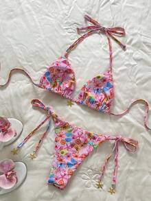 Swim Mod Women's Random Print Halter Bikini Set, Spring/Summer - Multicolor - View 3