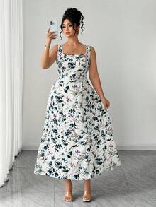 Elenzga 大码女式新款优雅休闲百搭印花方领连衣裙，春夏款 - 白色 - 查看 5