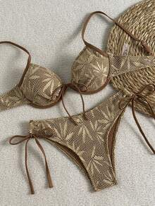 Swim Vcay 2026春夏棕色网格钢圈文胸支撑细肩带可调节侧边高开衩系带丁字裤比基尼套装，露背设计，适合海滩摄影，女士泳装，度假风 - 棕色 - 查看 3