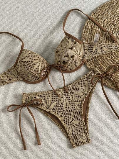 Swim Vcay Conjunto de bikini con sujetador de acero con cuadrícula marrón, tirantes de espagueti ajustables, corte alto lateral, diseño con cordones, espalda descubierta, adecuado para fotografía en la playa, traje de baño de mujer, estilo de vacaciones, Primavera/Verano 2026