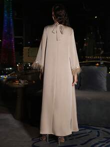 Layrah Handmade Rhinestone & Feather Trim Loose Arabic Maxi Dress Formal Elegant Party Uxury Evening Dresses Wedding Party Dress - Apricot - View 4