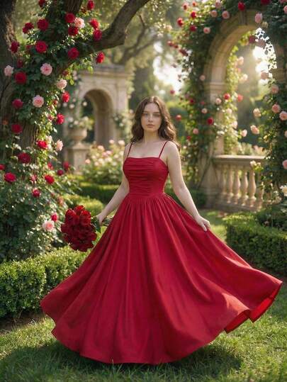 SHEIN MOD Robe midi évasée avec taille resserrée, rouge, pour le printemps/été. Robe de vacances, convient pour les festivals et les fêtes