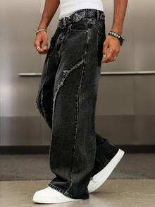 Manfinity EMRG Pantalones anchos de hombre con efecto desgastado, parches y lavado vintage, de moda urbana - Negro - Ver 4