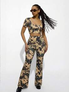 Slouenne Slouenne Women's Sexy Camouflage 2 Pieces Set, Cropped Top And Flared Pants - Army Green - View 5