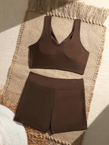Swim Vcay Women's Solid Color Minimalist Daily Swimwear Set - Coffee Brown - View 3
