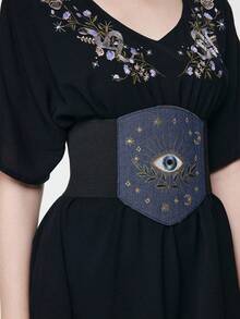ROMWE Goth 一件式女士眼睛星星月亮叶子图案刺绣装饰深色系弹力皮腰束身连衣裙牛仔裤配饰日常百搭 - 牛仔藍眼睛樹葉腰封 - 查看 5
