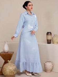 Graceveil Bộ đồ 2 mảnh thanh lịch dành cho nữ: áo và chân váy midi họa tiết hoa 3D đính ngọc trai giả, sọc, phối nhiều mảnh. - Xanh và trắng - Xem 8