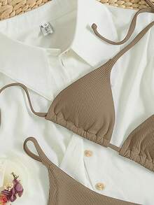 SHEIN Swim Bikini de 2 piezas con tiras finas y escote halter de tela especial para vacaciones de primavera/verano 2026, color marrón, sexy y con tanga - Marrón Mocha - Ver 5