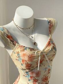 Elamini 女士度假风性感油画花卉印花缎带系带心形领T恤，夏季蕾丝网纱短袖上衣 - 彩色 - 查看 5