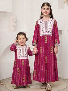 SHEIN Tween Girls' Casual Round Neck Long Sleeve Dress,Kids - Pink - View 8