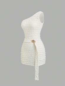 Sweetra Vestido mini ajustado de mujer con hombros abiertos, lazo y decoración de concha metálica en la cintura, de punto jacquard en color albaricoque, para primavera/verano/otoño - Albaricoque - Ver 6