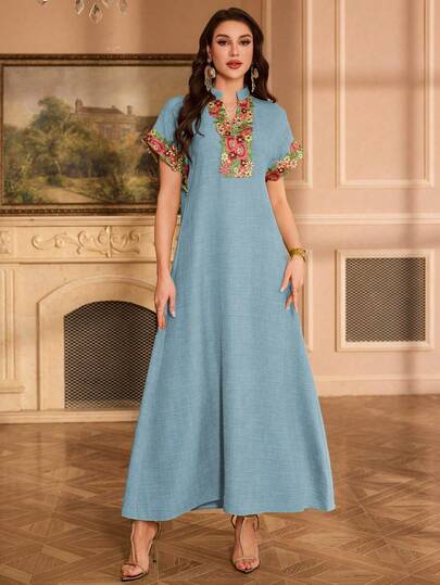 Al Najma Đầm thanh lịch cổ tàu thêu hoa tay raglan