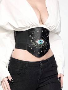 ROMWE Goth 一件式女士眼睛星星月亮叶子图案刺绣装饰深色系弹力皮腰束身连衣裙牛仔裤配饰日常百搭 - 黑色皮革眼睛樹葉腰封 - 查看 4