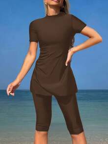 Swim Mulvari Bộ đồ bơi nữ 2 món gồm áo cổ cao tay ngắn nhún bèo và quần đùi Bermuda, thích hợp cho kỳ nghỉ hè ở Trung Đông, đi biển hoặc du lịch biển, trang phục thường ngày chống nắng. - màu nâu - Xem 1