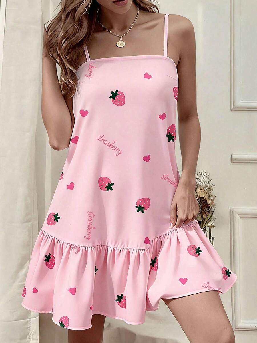 EMERY ROSE Women's Summer Casual Vacation Style Strawberry Heart Letter Print Ruffle Hem Camisole Dress - Multicolor - View 1