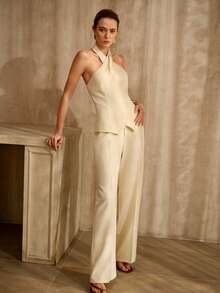 MOTF PREMIUM 2 PIEZAS CONJUNTO DE MUJER: TOP HALTER SIN ESPALDA + PANTALONES RECTOS SLIM, ESTILO RETRO - Albaricoque - Ver 7