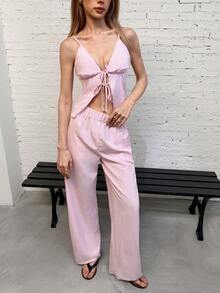 SHEIN Unity 2pcs Striped Cami Tank Top And Wide Leg Pants Set For Women - Pink - View 4
