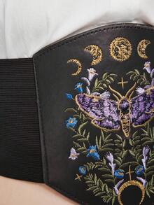 ROMWE Goth Áo corset da co giãn màu tối, thêu họa tiết lá, trăng và hoa, kiểu dáng trang trí, thích hợp mặc hàng ngày, kèm quần jeans. - Màu đen da bướm đêm lá hoa mặt trăng thắt lưng - Xem 6