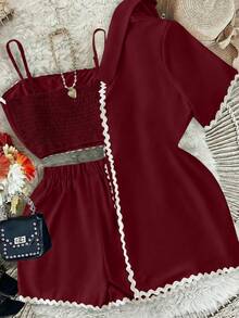 GlowEve 3pcs Women Summer Casual Woven Trim Camisole Shorts & Shirt Set - Red - View 2