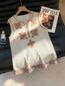 GlowEve Women's Summer Woven V-Neck Sleeveless Faux Embroidered Print Fitted Casual Elegant Versatile Blouse - Multicolor - View 1