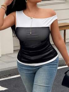 Easura Plus Size Women Summer Fashion Commuter Asymmetrical Collar Contrast Color Mesh Ruffle Fitted T-Shirt - Black and White - View 7