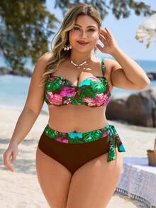 Swim Lushoire Bộ đồ bơi nữ cỡ lớn 2 mảnh in họa tiết cây nhiệt đới ngẫu nhiên, áo bất đối xứng có bèo nhún và quần tam giác cạp cao, thích hợp cho kỳ nghỉ và mặc hàng ngày. - màu nâu - Xem 6