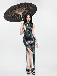 ROMWE Goth Đầm dài kiểu Trung Quốc mới, họa tiết rắn và bướm, chất liệu nhung, dành cho nữ. - Màu xanh lá cây đậm - Xem 6