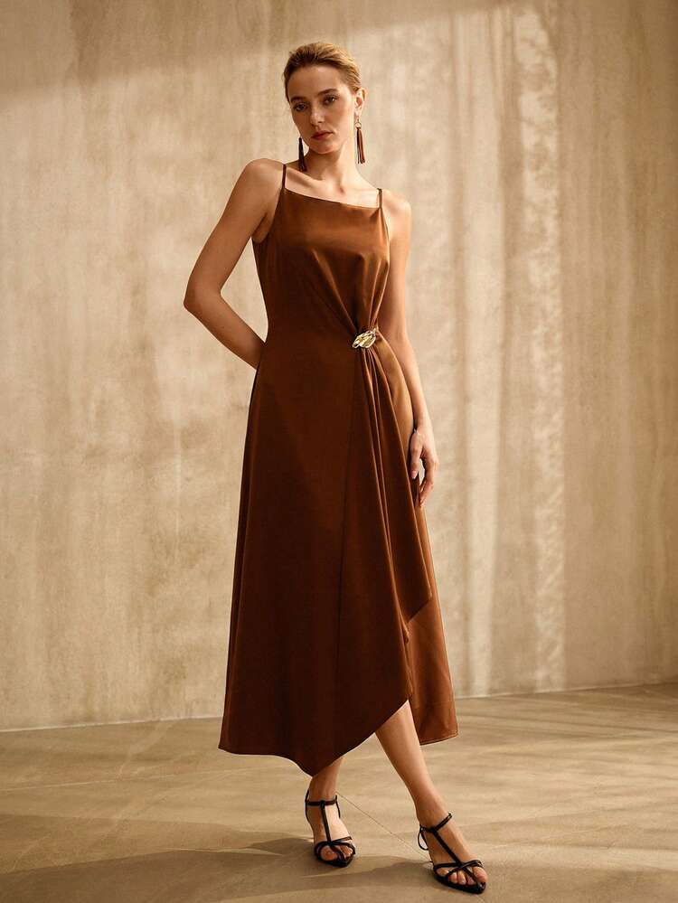 MOTF PREMIUM Đầm slip không tay, trang trí kim loại, phong cách cổ điển, mùa xuân/hè. - Cà phê nâu - Xem 4