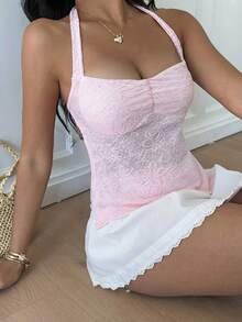 Sunnyshic Áo hai dây cổ yếm buộc nơ màu hồng dành cho nữ, chất liệu có họa tiết. - Hồng - Xem 6