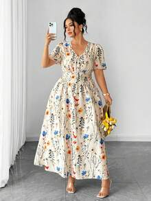 Elenzga 时尚休闲度假法式复古优雅浪漫花瓣袖系腰蝴蝶结印花连衣裙 - 杏色 - 查看 5