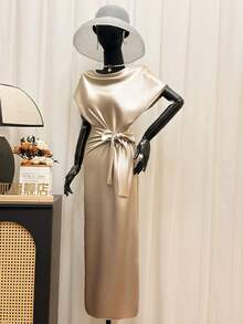 GlowEve 女士优雅系带中长连衣裙，适合派对穿着 - 杏色 - 查看 5