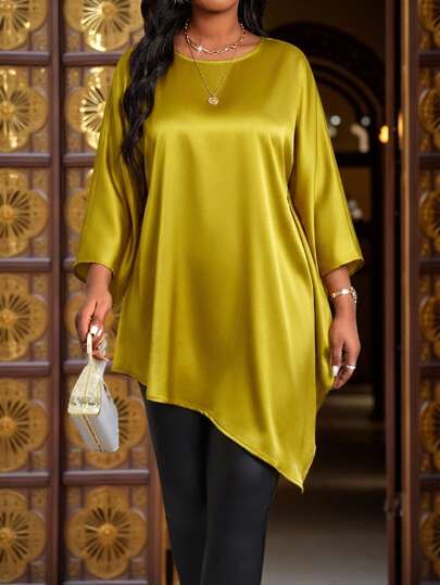 SHEIN Lady Plus Size Elegant Asymmetric Hem Solid Color Shirt, Autumn Spring To Summer Elegant Blouses For Ladies Elegant Women's Blouses Elegant Women's Blouses Shiny Top Valentine Clothes Valentine's Day Wedding Elegant Dresses For Women Elegant Dresses For Women Wedding Guest Dress Elegant Party Dresses Plus Yellow Top Plus Size Asymmetrical Blouse Curve Blouse Plus