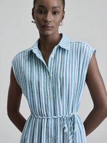 Ontre 2026 New Spring/Summer Women's Romantic Valentine's Day, Wedding Season, Holiday Dress, Pleated Collar Design Blue Striped Loose Fit Cinched Waist Shirt Dress, Suitable For Teacher's Day - Blue and White - View 7