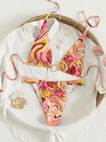 Bonvoyette Women's Beach Music Festival Spring/Summer Pattern Printed Metal Jewelry Halter Thong Bikini Set - Multicolor - View 5