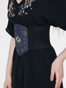ROMWE Goth 一件式女士眼睛星星月亮叶子图案刺绣装饰深色系弹力皮腰束身连衣裙牛仔裤配饰日常百搭 - 牛仔藍眼睛樹葉腰封 - 查看 3