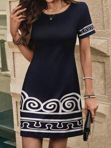 EMERY ROSE Đầm ngắn tay cổ tròn in họa tiết hình học dành cho nữ, kiểu dáng thường ngày. - Nhiều màu - Xem 6