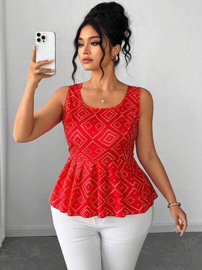 Elenzga Fashionable Casual Spring/Summer Vacation French Retro Elegant Accordion Pleated Red & White Contrast Print Camisole