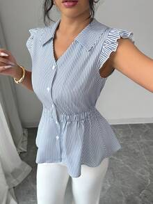 Elenzga Women's Fashion Striped Collar Design Cap Sleeve Cinched Waist Button Blouse, Elegant For Daily, Vacation, Outing, Party, Spring/Summer - Multicolor - View 4