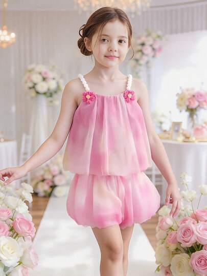 2pcs/Set Toddler Girls' Summer Casual Elegant Sweet Cute Korean Style Tie-Dye Camisole + Tie-Dye Lantern Shorts Set, Suitable For Commuting, Travel, Summer