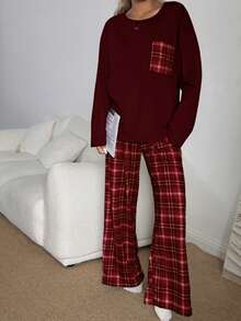 Dream Adore Women's Casual Loose Plaid Print Pajama Set - Burgundy - View 3