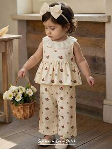 Cozy Pixies Conjunto de 2 piezas de top sin mangas con cuello redondo y pantalones de cintura elástica con estampado floral para niña bebé - Multicolor - Ver 2
