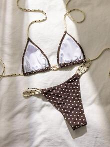 Swim Mod 女士波点印花挂脖系带比基尼两件套泳衣，海滩度假，春夏款 - 棕色 - 查看 3