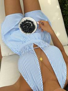 Sunnyshic Women's Blue Striped Deep V-Neck Ruched Halter Backless Sexy Romper, Fashionable & Chic European Style For Summer Vacation - Blue - View 1