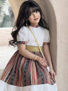 SHEIN Tween Girl Elegant White Summer Holiday Dress, Stand Collar Color Block Print Patchwork Puffy Short Sleeve A-Line Tween Girl Striped Dress For Spring - White - View 1