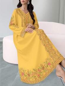 SHEIN Najma Women's Floral Digital Print V-Neck Long Sleeve Elegant Arabic Style Dress, Spring/Autumn, Yellow Maxi Dress Women, Dress Modest, Long Sleeve Summer Dresses Embroidered Dresses For Women Motif Dresses For Women - Multicolor - View 3