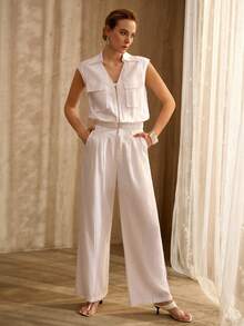 MOTF PREMIUM WOMEN'S WHITE FOLDED HEM LINEN BASIC ELEGANT OFFICE SUIT PANTS - White - View 6
