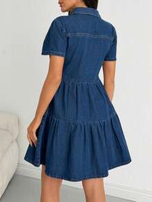 SHEIN 100% COTTON WOMAN RUFFLE DENIM DRESS - Dark Wash - View 2