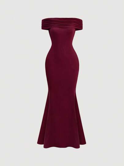 SHEIN PETITE Vestido de fiesta elegante de hombros descubiertos para mujer de talla pequeña