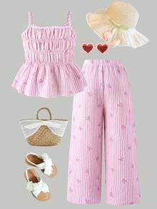 Young Girl' Cute Striped Bow Print Camisole And Wide Leg Pants Set, Summer Girld Outfit Set Set Outfit For Girl Strawberry Pound Cake Outfits Girls Outfit Sets Vacation Summer Clothes Set Two Piece Maxi Set For Girls Young Girls Cami And Wide Leg Pants Set Little Girl Maxi Dress Summer Lounge Set Tweens - Mauve Purple - View 2
